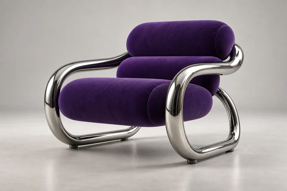 Sculptural chrome lounge chair with violet upholstery